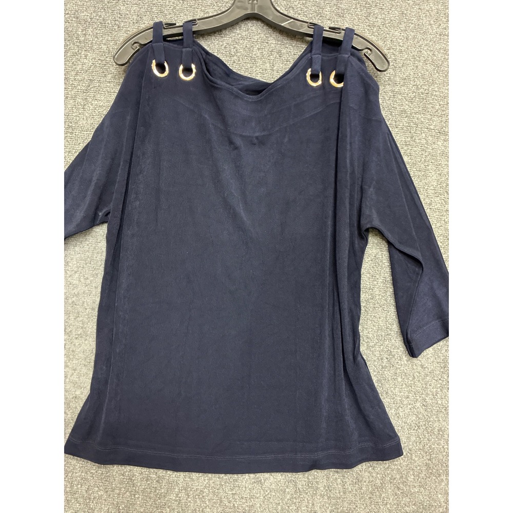 Chicos Travelers Navy Blue Cold Shoulder Grommet Top Size 2 Large